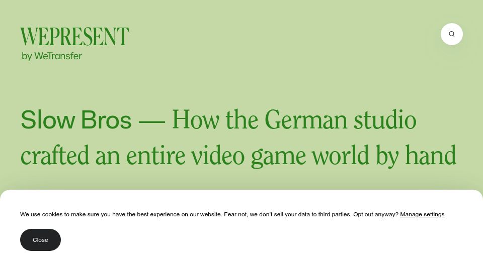 Screenshot of wepresent.wetransfer.com: Slow Bros crafted a video game universe by hand