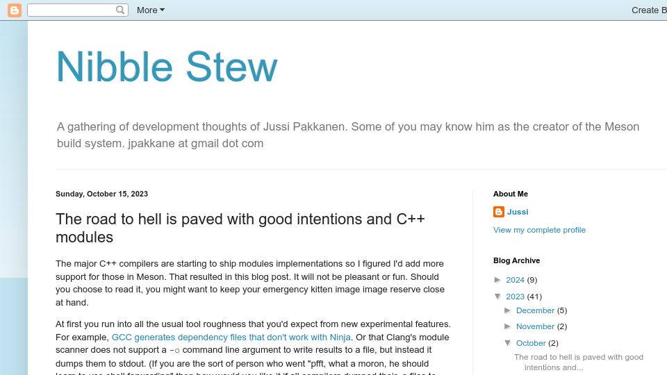 Screenshot of nibblestew.blogspot.com: The road to hell is paved with good intentions and C++ modules (2023)