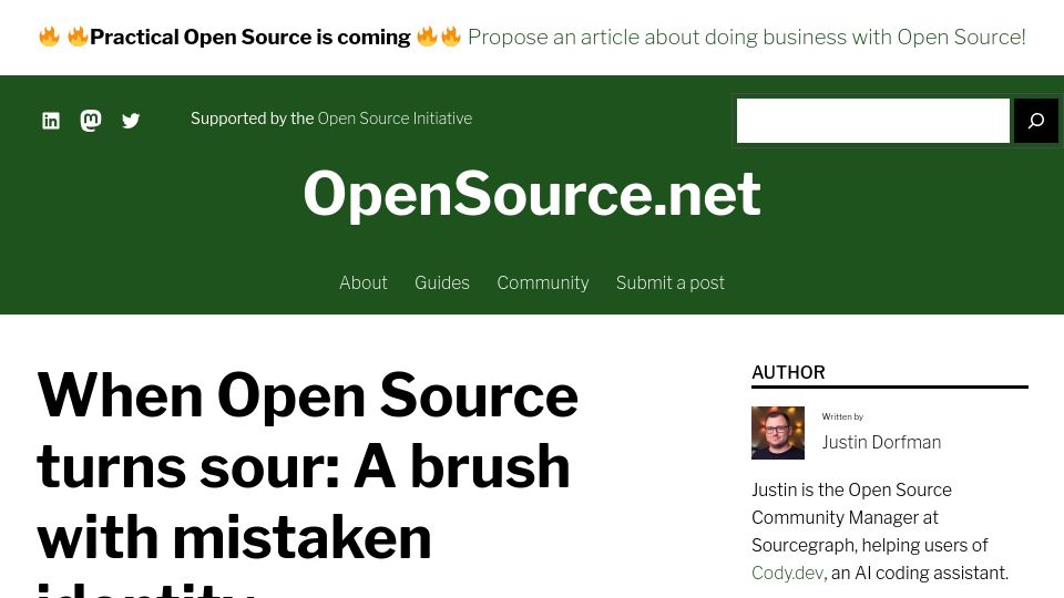 Screenshot of opensource.net: When Open Source turns sour: A brush with mistaken identity