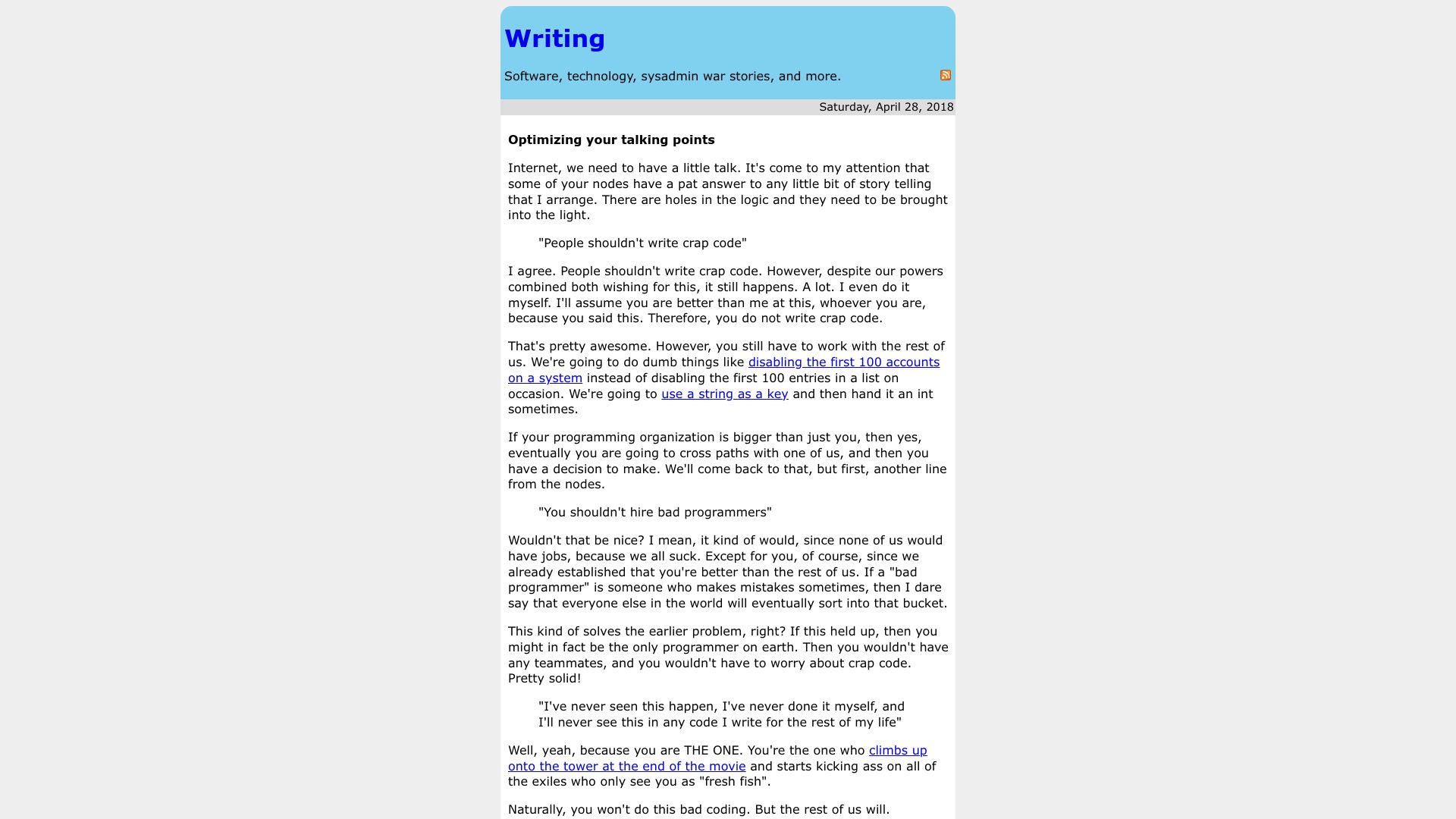 Screenshot of rachelbythebay.com: Optimizing your talking points (2018)