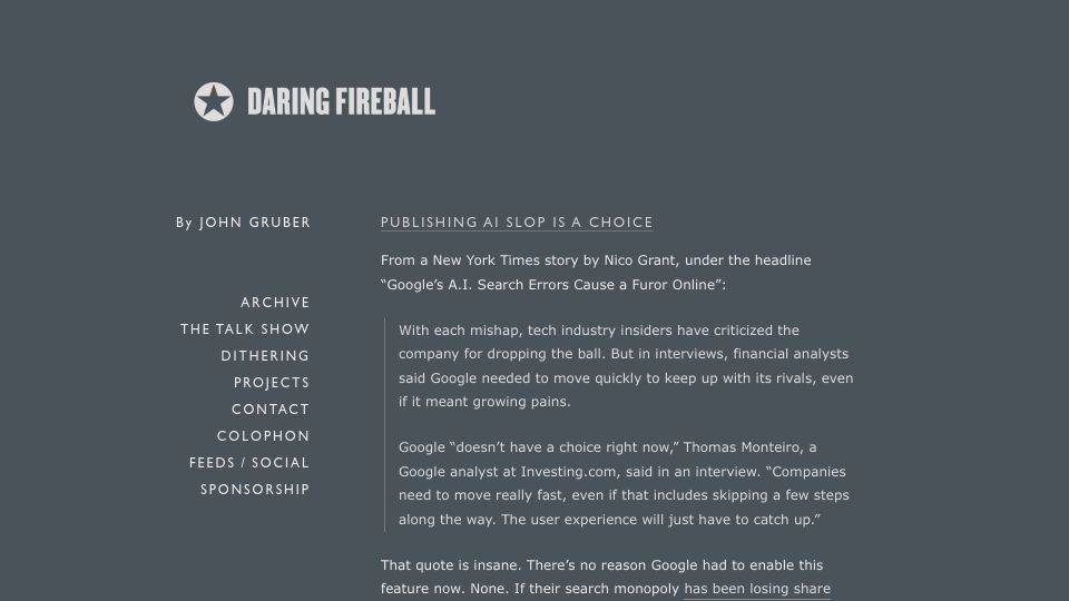 Screenshot of daringfireball.net: Publishing AI Slop Is a Choice
