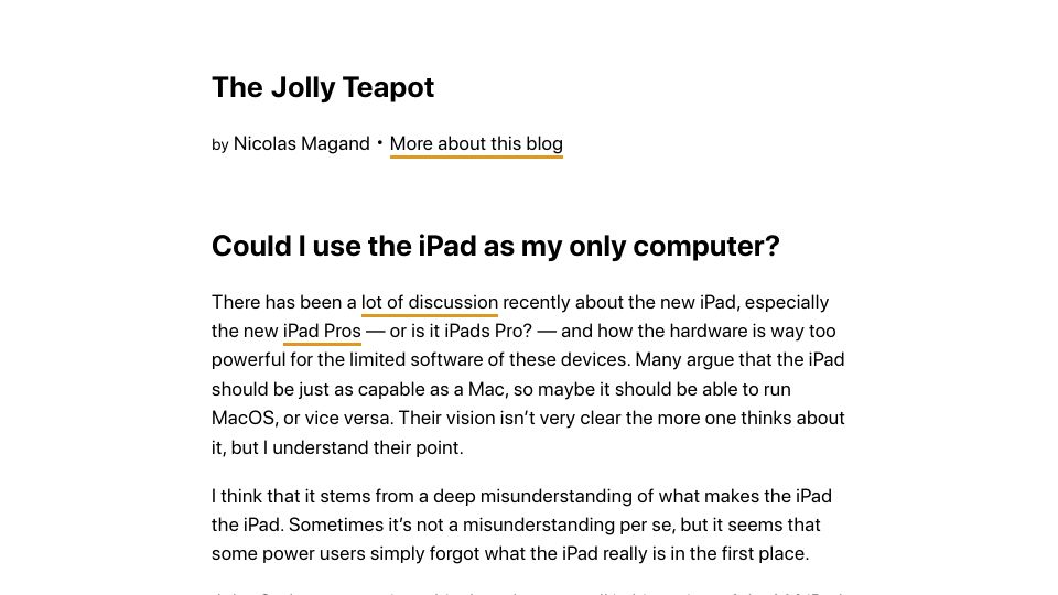 Screenshot of thejollyteapot.com: Could I use the iPad as my only computer?