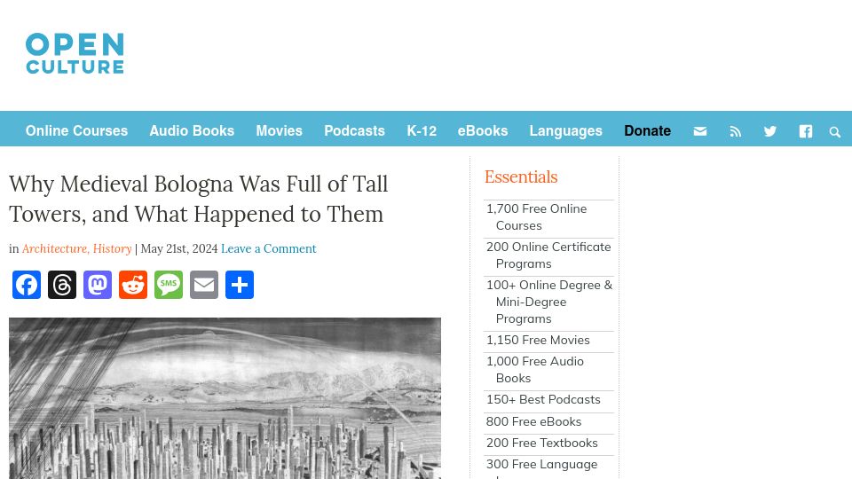 Screenshot of openculture.com: Medieval Bologna was full of tall towers