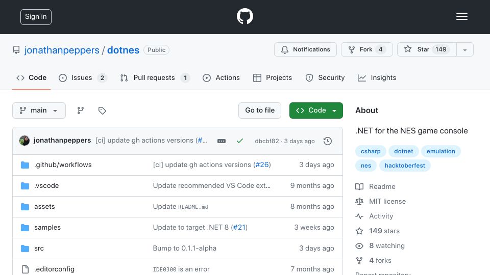 Screenshot of github.com: .NET for NES Game Console on 6502 Microprocessors
