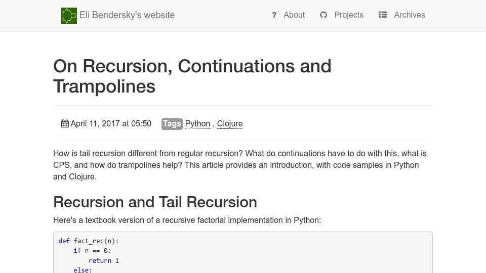 Screenshot of eli.thegreenplace.net: Recursion, continuations and trampolines (2017)