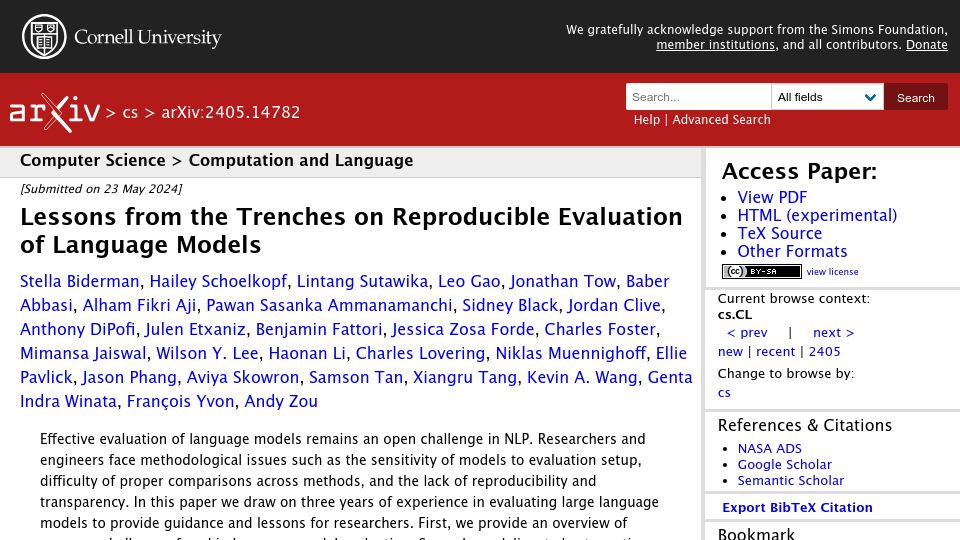 Screenshot of arxiv.org: Lessons from the trenches on reproducible evaluation of language models