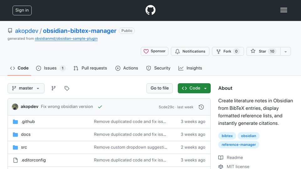 Screenshot of github.com: Show HN: I built an Obsidian plugin to create notes from BibTeX