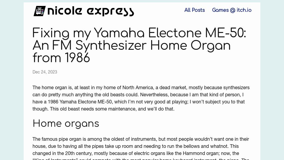 Screenshot of nicole.express: Fixing My Yamaha Electone Me-50: An FM Synthesizer Home Organ from 1986