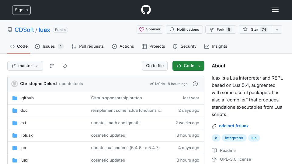 Screenshot of github.com: LuaX – Lua interpreter, REPL, and useful packages