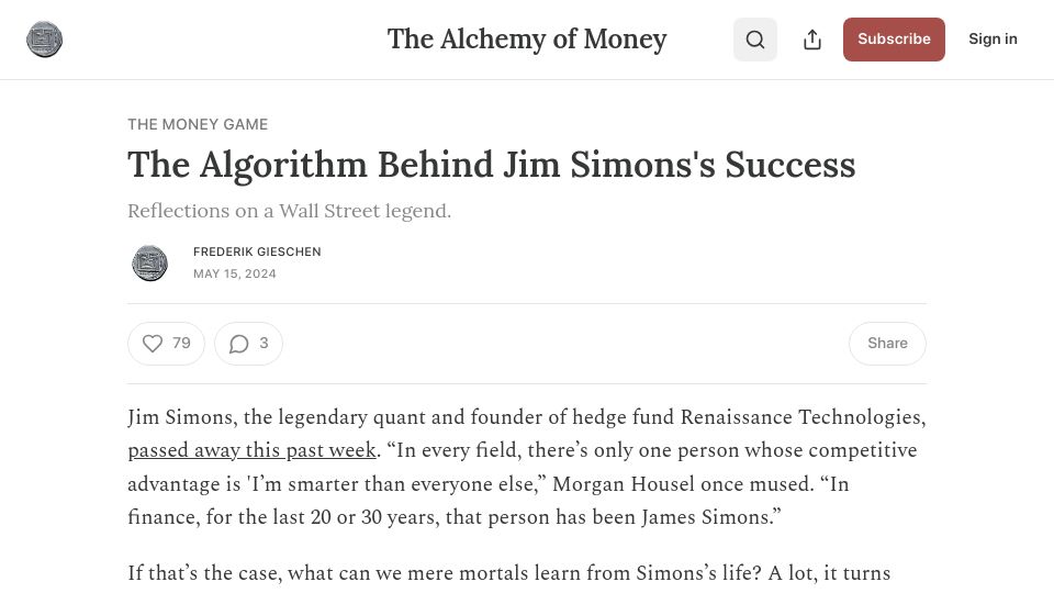Screenshot of alchemy.substack.com: The Algorithm Behind Jim Simons's Success