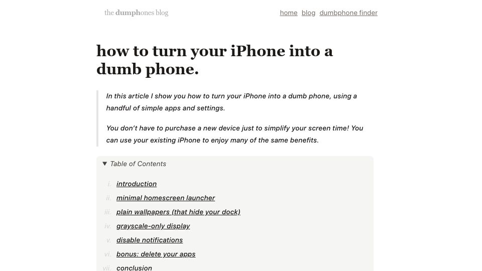 Screenshot of dumbph.com: Turn Your iPhone into a Dumb Phone