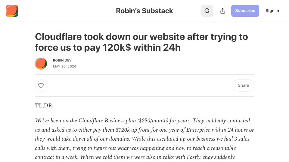 Screenshot of robindev.substack.com: Cloudflare took down our website