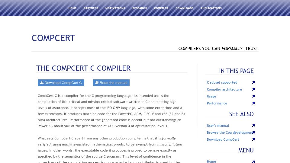 Screenshot of compcert.org: The CompCert C Compiler