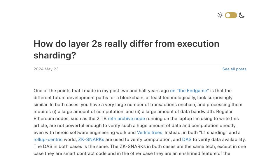 Screenshot of vitalik.eth.limo: How do layer 2s differ from execution sharding?