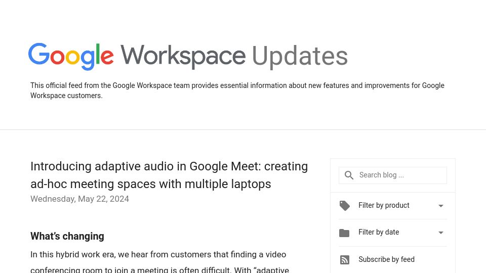 Screenshot of workspaceupdates.googleblog.com: Google Meet rolls out multi-device adaptive audio merging