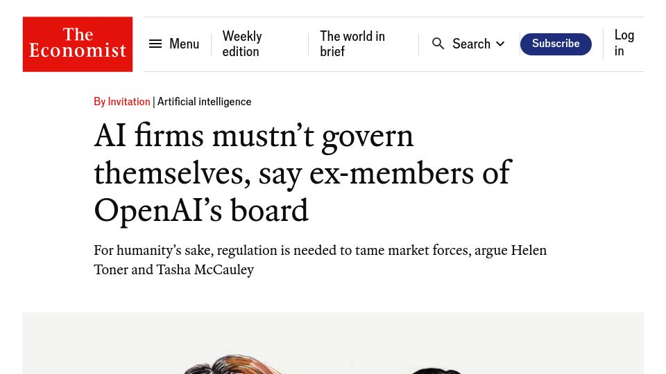 Screenshot of economist.com: AI firms mustn’t govern themselves, say ex-members of OpenAI’s board