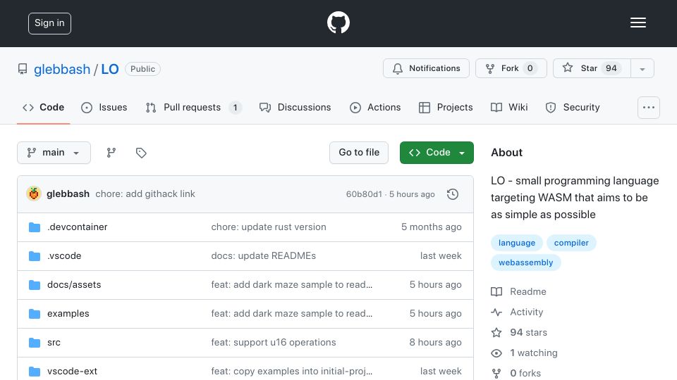 Screenshot of github.com: LO – simple WASM native language