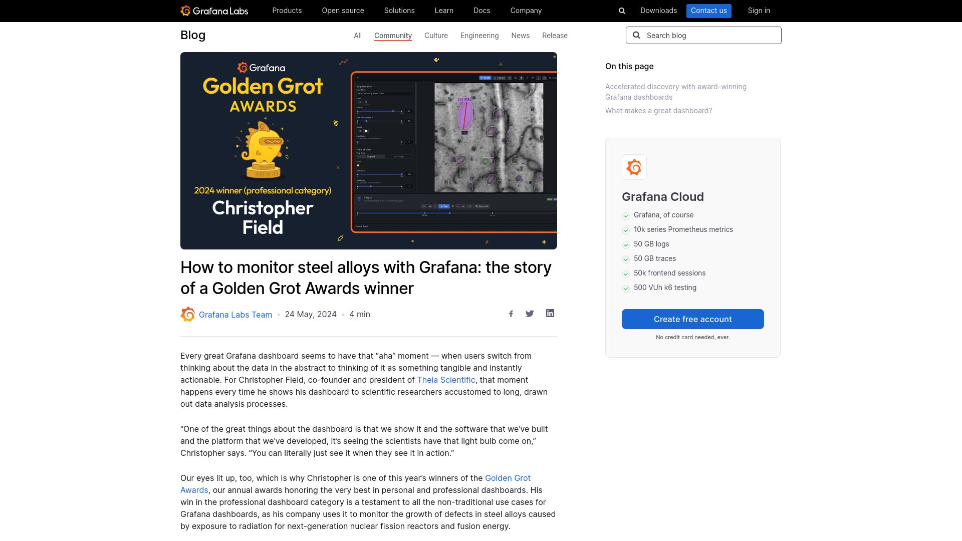 Screenshot of grafana.com: How to monitor steel alloys with Grafana