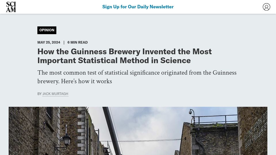 Screenshot of scientificamerican.com: The t-test was invented at the Guinness brewery