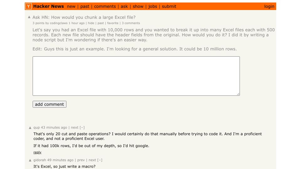 Screenshot of Hacker News post: Ask HN: How would you chunk a large Excel file?