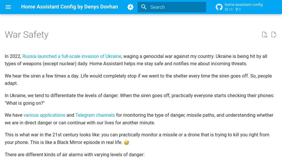 Screenshot of denysdovhan.com: How Home Assistant is being used to protect from missile and drone attacks