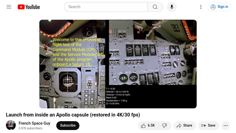 Screenshot of youtube.com: Launch from inside an Apollo capsule (restored in 4K/30 FPS) [video]