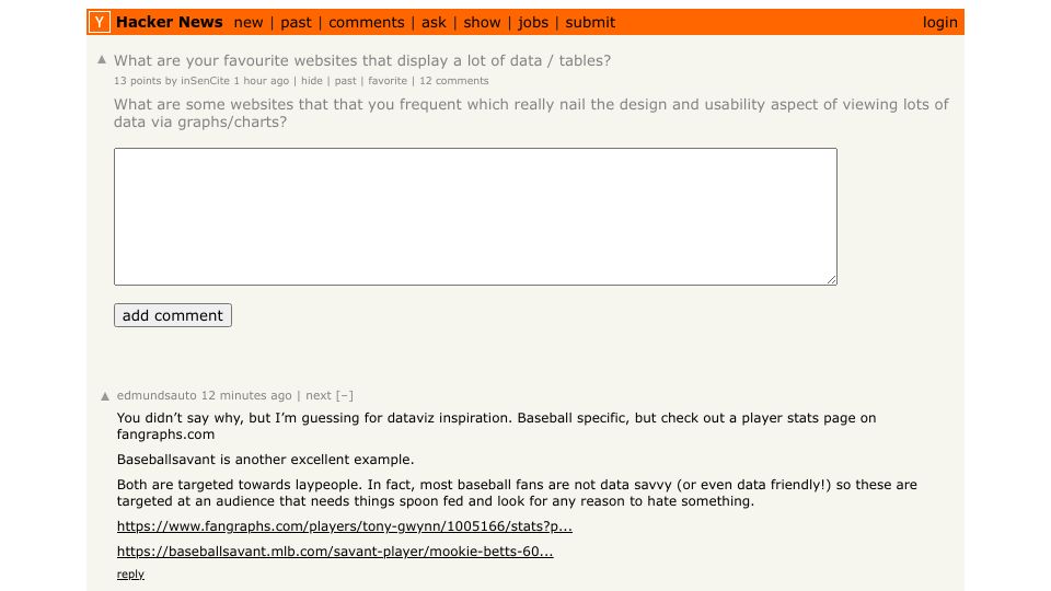 Screenshot of Hacker News post: What are your favourite websites that display a lot of data / tables?