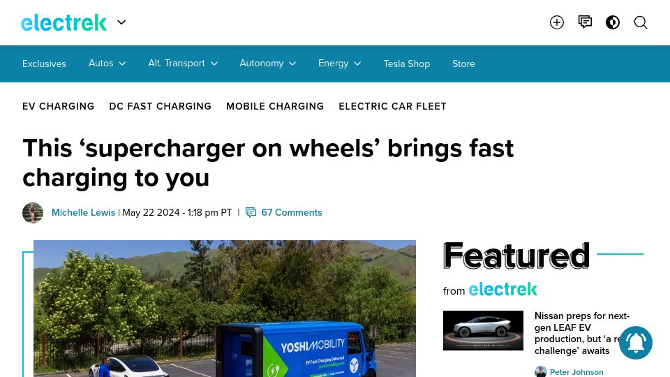 Screenshot of electrek.co: 'Supercharger on wheels' brings fast charging to you