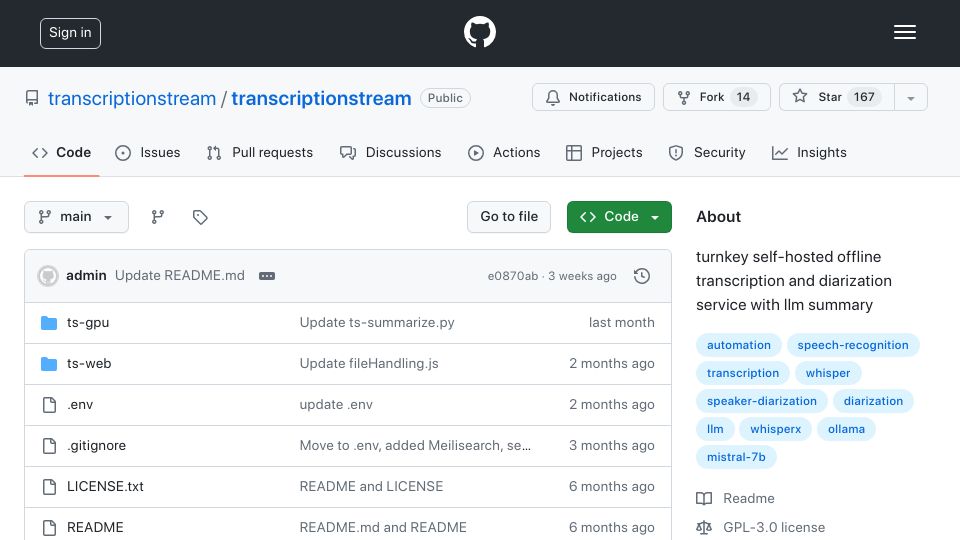 Screenshot of github.com: Self-hosted offline transcription and diarization service with LLM summary