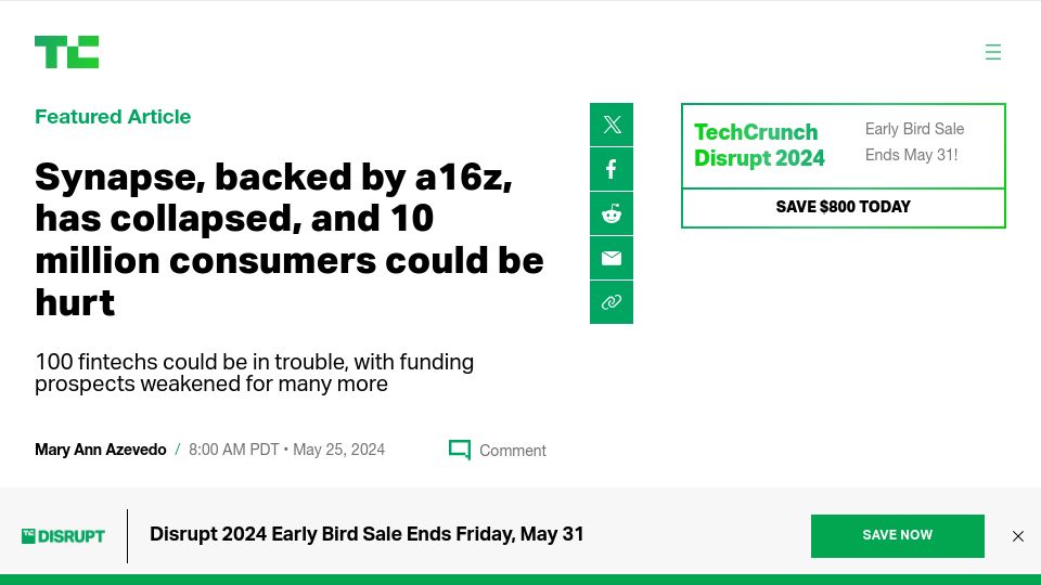 Screenshot of techcrunch.com: (FinTech) Synapse has collapsed, 10M consumers, 100s of fintechs in trouble
