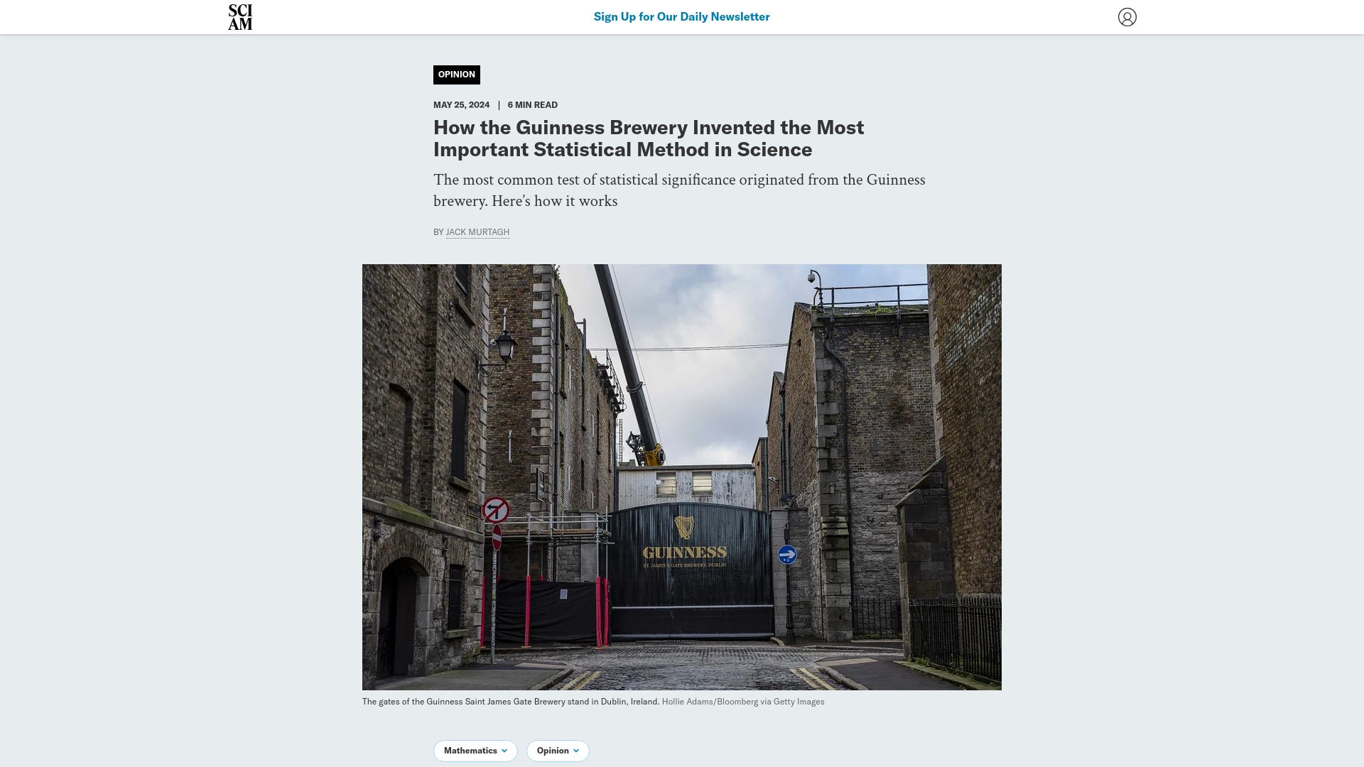 Screenshot of scientificamerican.com: The t-test was invented at the Guinness brewery