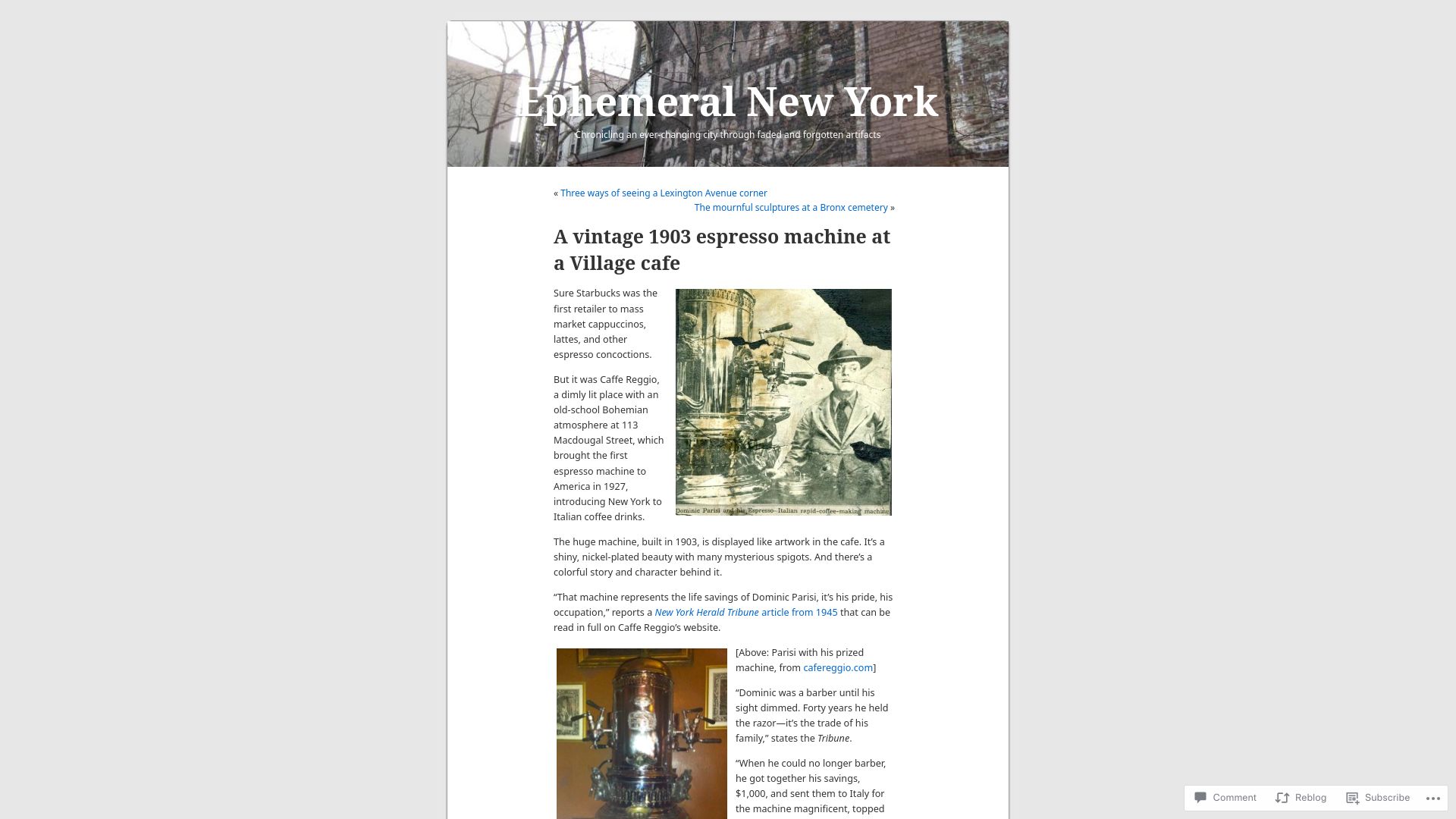 Screenshot of ephemeralnewyork.wordpress.com: A vintage 1903 espresso machine at a Village cafe (2012)
