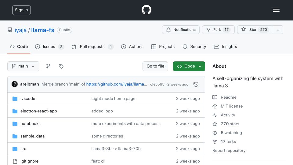 Screenshot of github.com: llama-fs: A self-organizing file system with llama 3