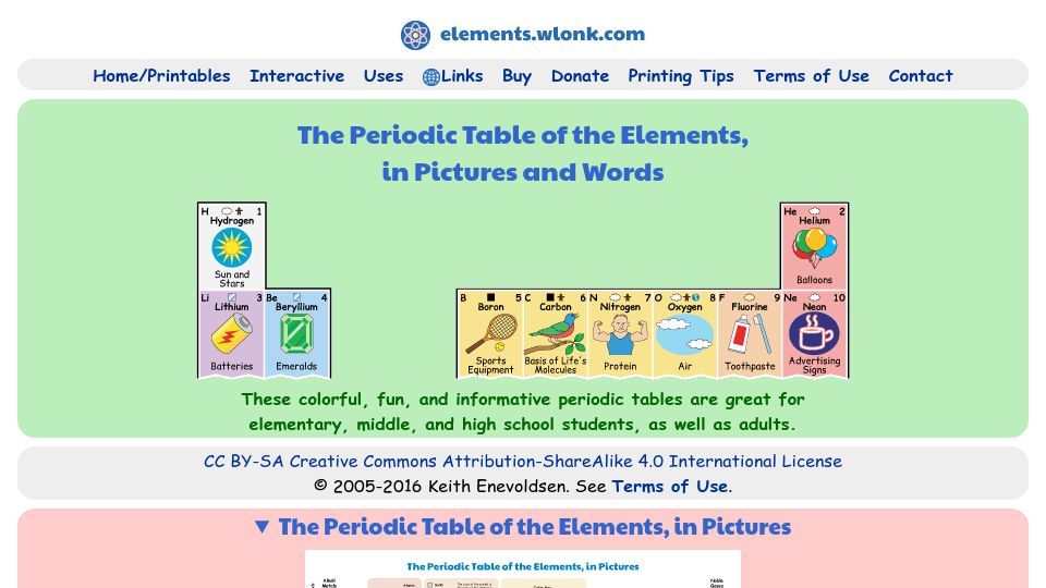 Screenshot of elements.wlonk.com: Periodic Table of the Elements, in Pictures and Words (2005)