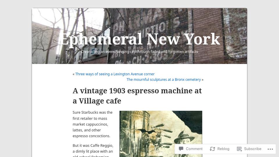 Screenshot of ephemeralnewyork.wordpress.com: A vintage 1903 espresso machine at a Village cafe (2012)