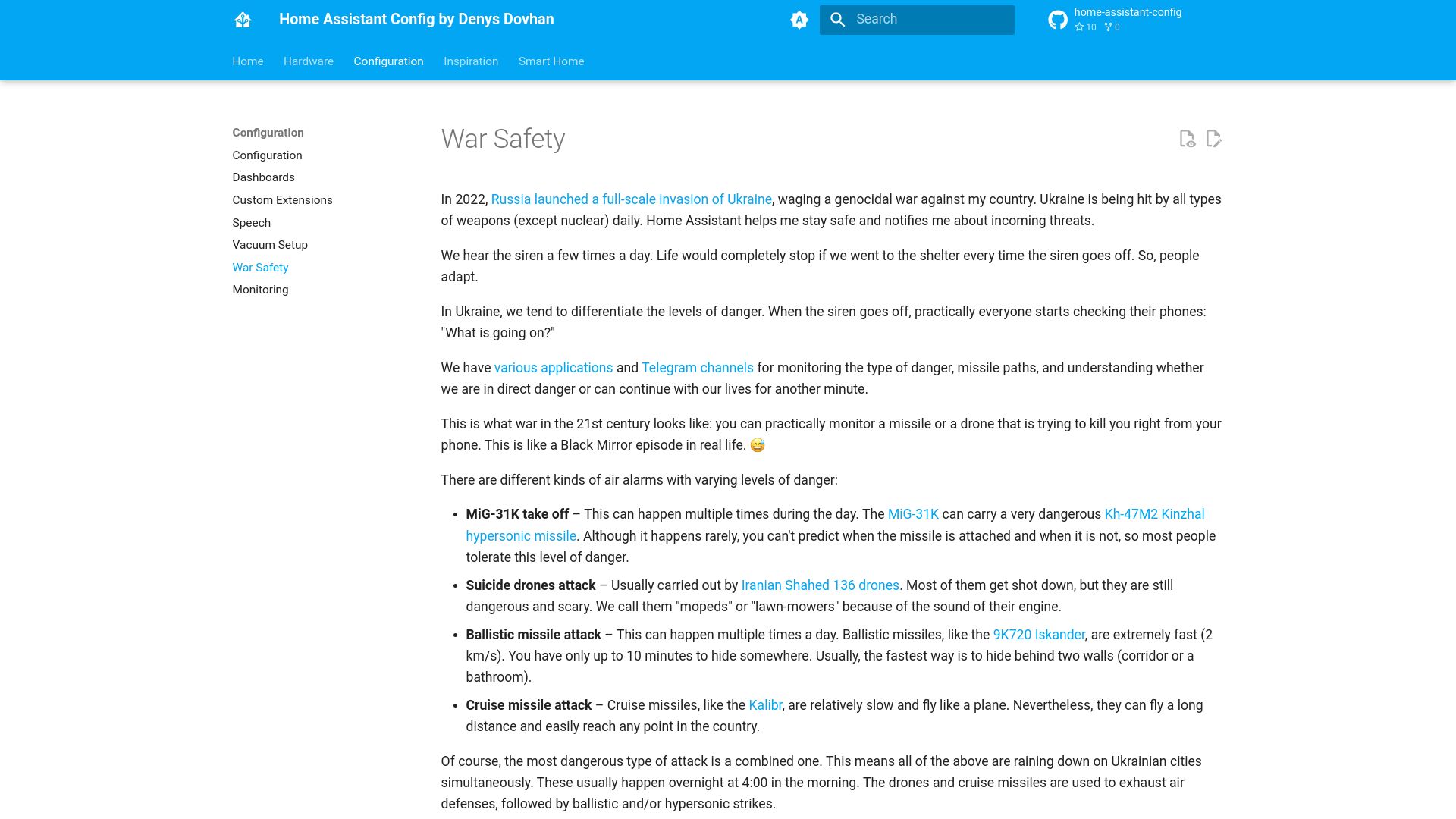 Screenshot of denysdovhan.com: How Home Assistant is being used to protect from missile and drone attacks