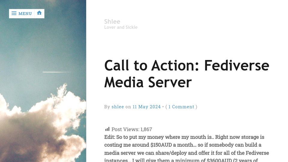 Screenshot of shlee.fedipress.au: Call to Action: Fediverse Media Server