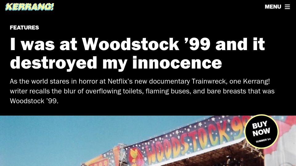 Screenshot of kerrang.com: I was at Woodstock '99 and it destroyed my innocence (2022)