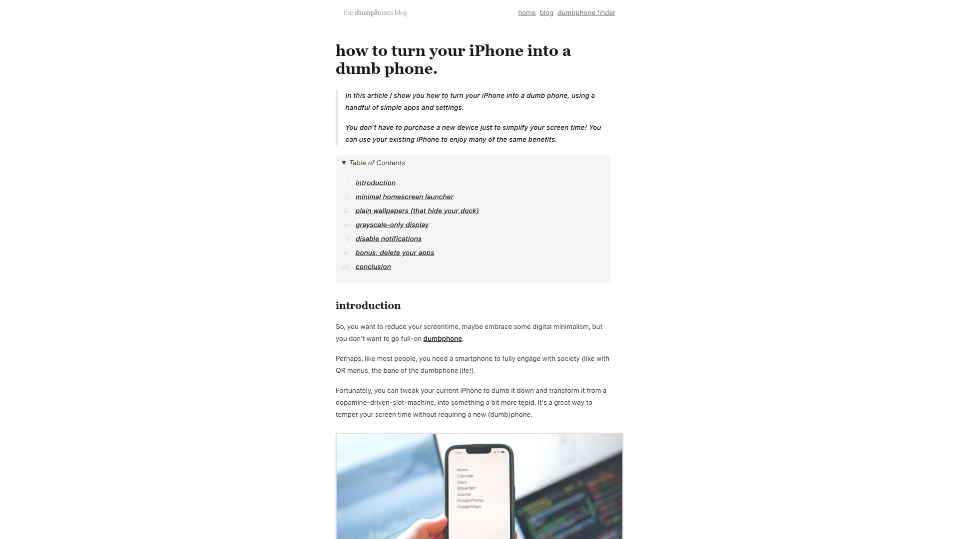 Screenshot of dumbph.com: Turn Your iPhone into a Dumb Phone
