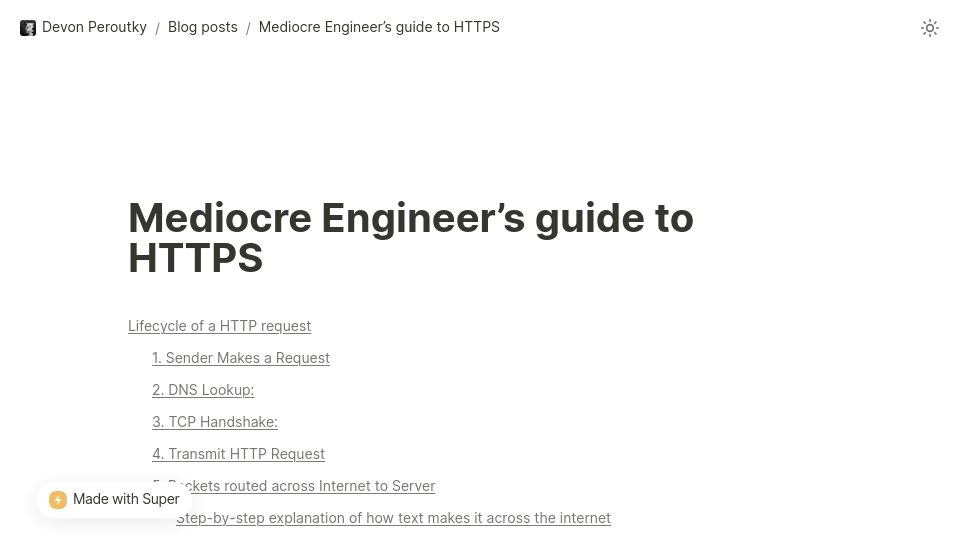 Screenshot of devonperoutky.super.site: Mediocre Engineer's Guide to HTTPS