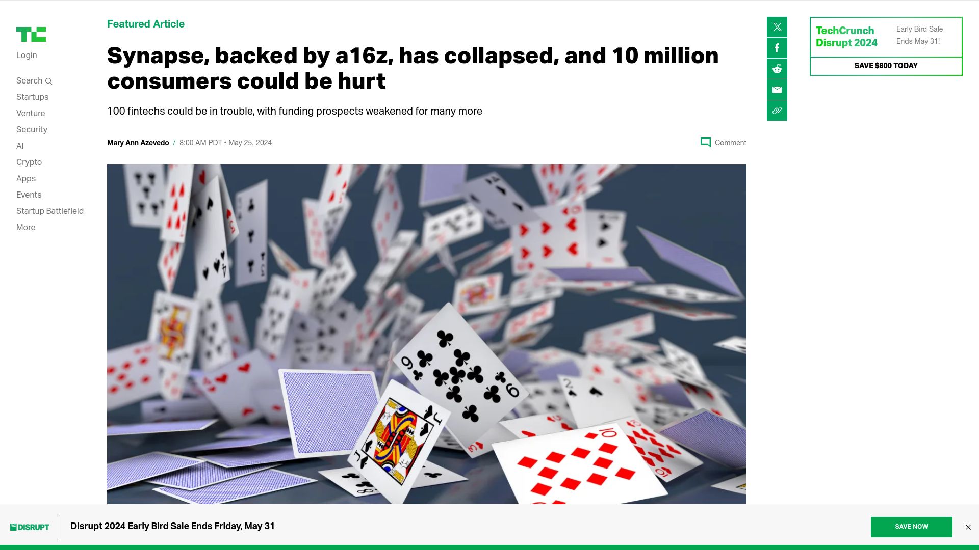 Screenshot of techcrunch.com: (FinTech) Synapse has collapsed, 10M consumers, 100s of fintechs in trouble