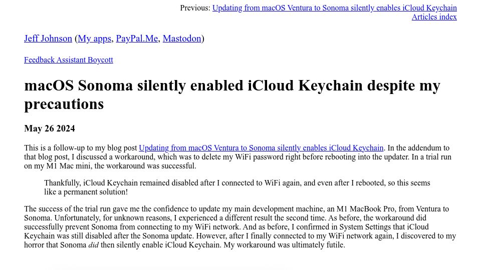 Screenshot of lapcatsoftware.com: macOS Sonoma silently enabled iCloud Keychain despite my precautions