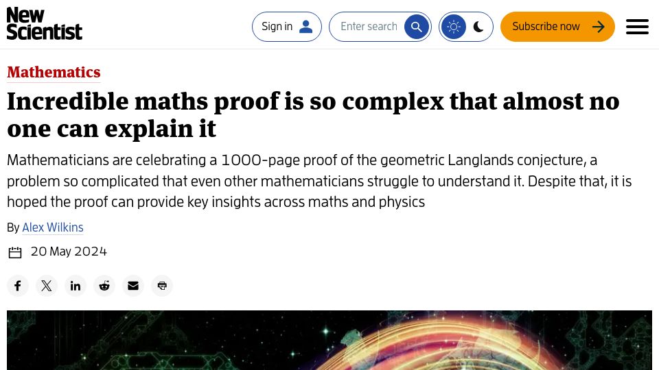 Screenshot of newscientist.com: Maths proof of Langlands conjecture is so complex almost no one can explain it