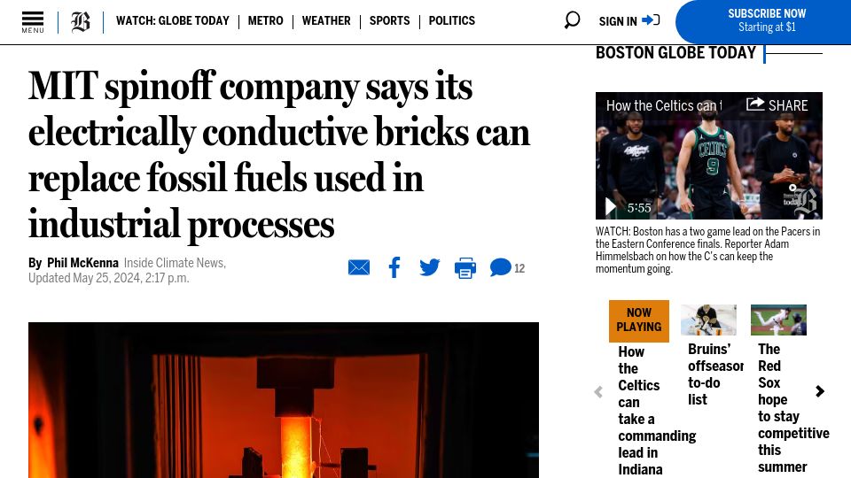 Screenshot of bostonglobe.com: Electrically conductive bricks can replace fossil fuels in industrial processes