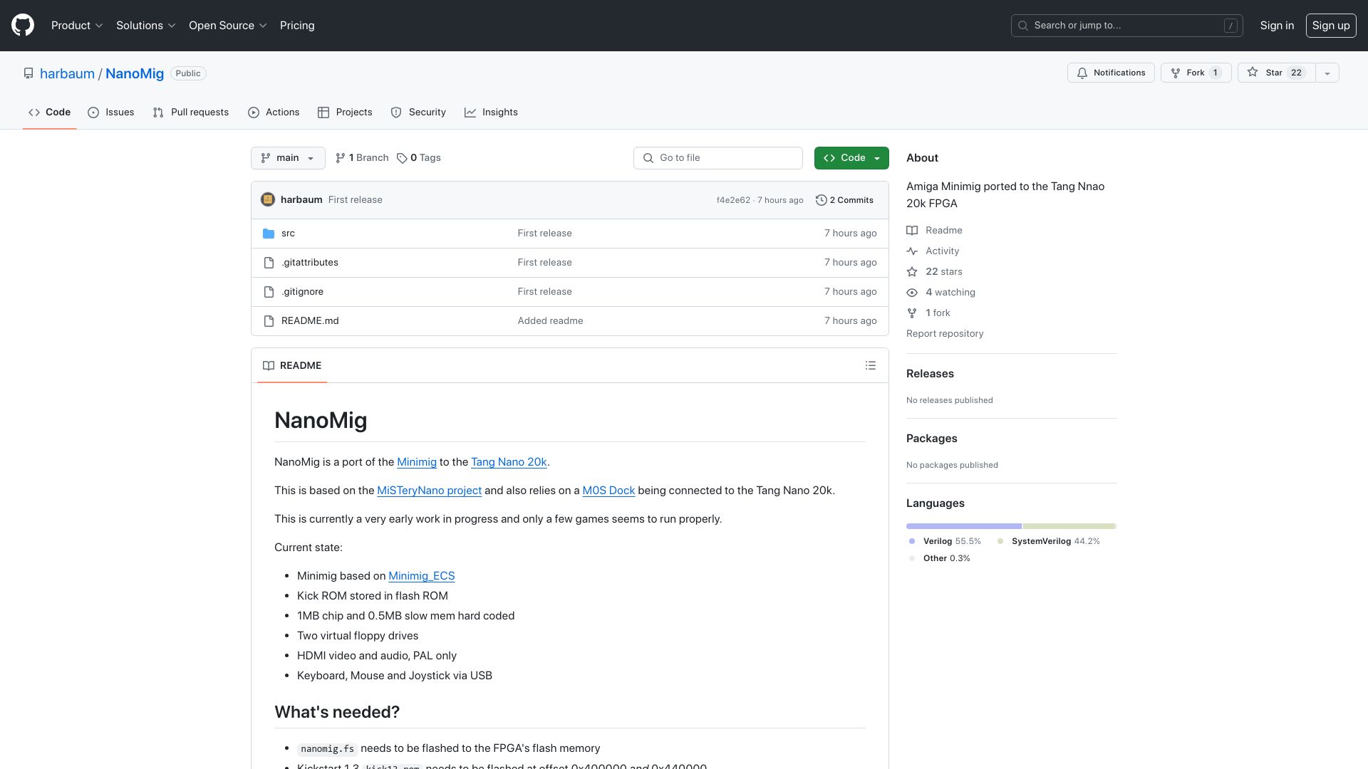 Screenshot of github.com: Amiga Minimig Ported to Tang Nano 20k FPGA