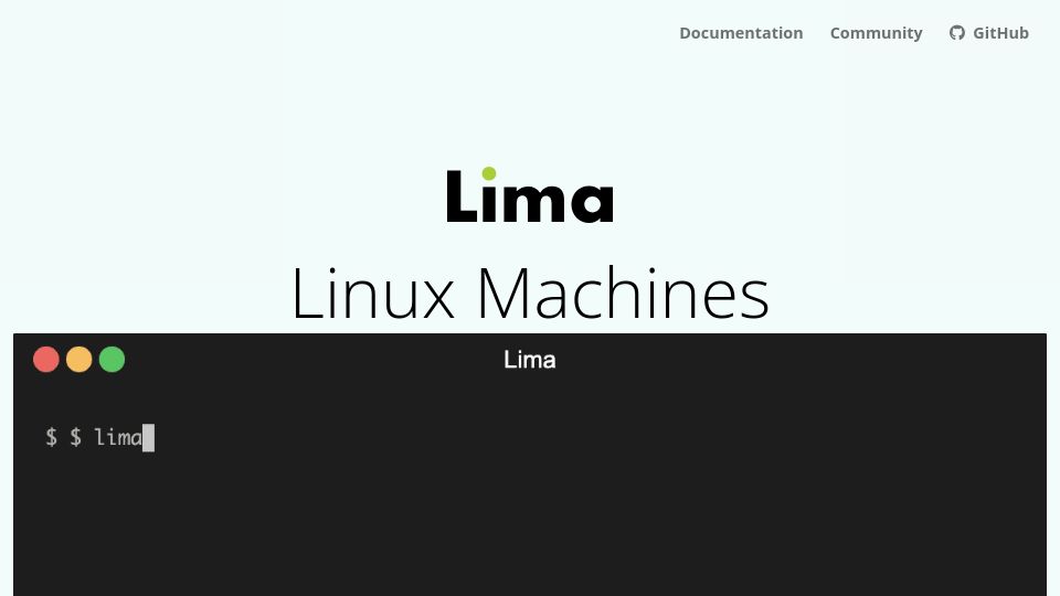Screenshot of lima-vm.io: Linux virtual machines, with a focus on running containers