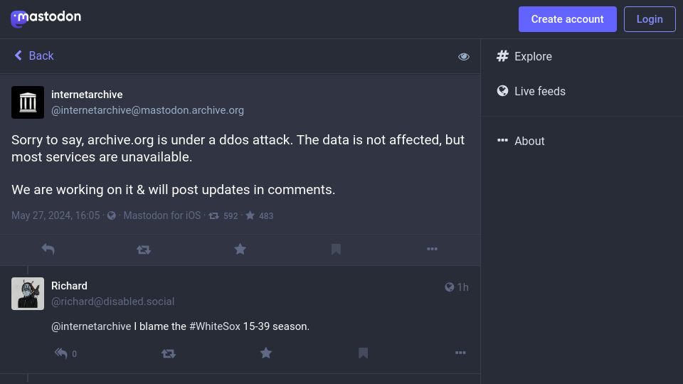 Screenshot of mastodon.archive.org: Internet Archive is under a DDoS attack