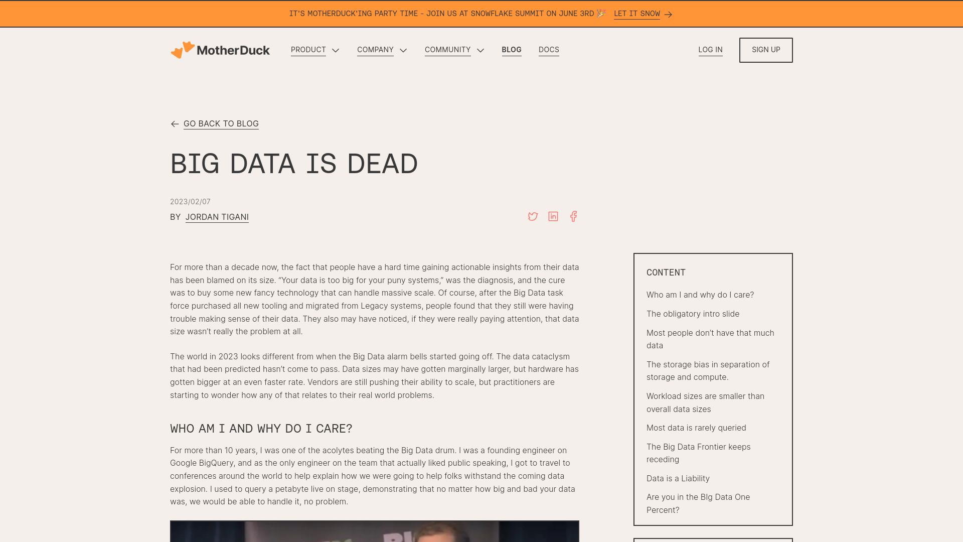 Screenshot of motherduck.com: Big data is dead (2023)