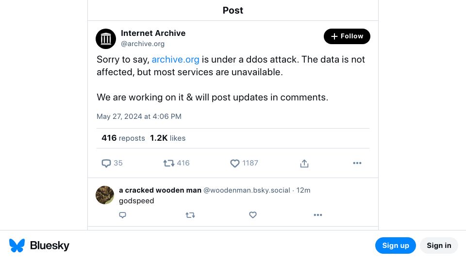 Screenshot of mastodon.archive.org: The Internet Archive is under a DDoS attack