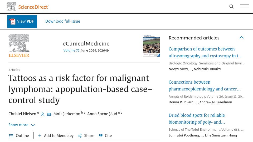 Screenshot of sciencedirect.com: Tattoos as a risk factor for malignant lymphoma: a population-based study